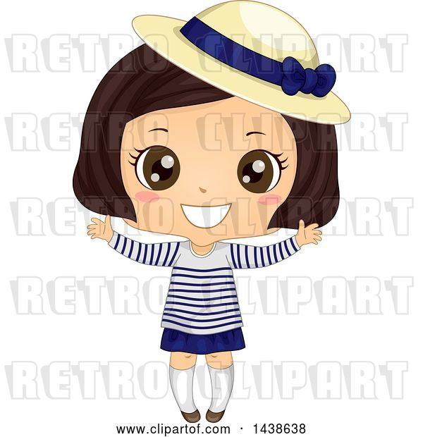 Vector Clip Art of Retro Happy Brunette Girl in a Breton Shirt and Derby Hat