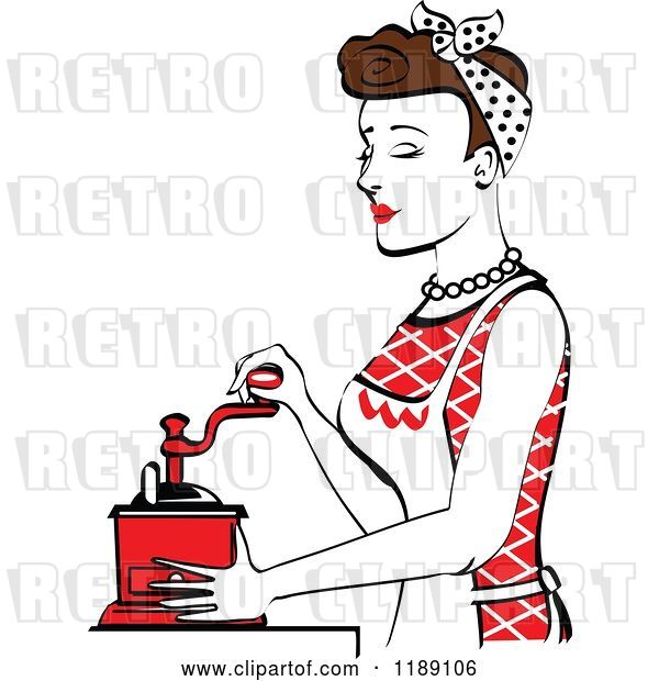 Vector Clip Art of Retro Happy Brunette Housewife Using a Manual Coffee Grinder in Profile 2