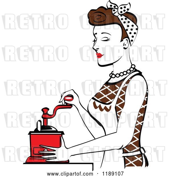 Vector Clip Art of Retro Happy Brunette Housewife Using a Manual Coffee Grinder in Profile