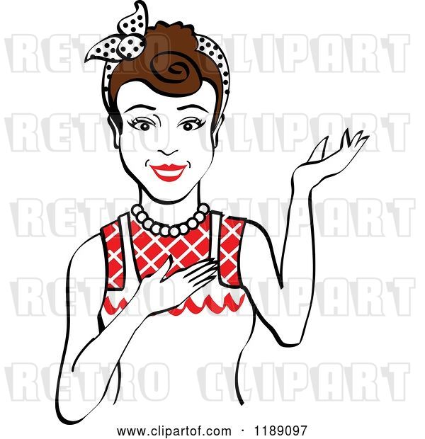 Vector Clip Art of Retro Happy Brunette Housewife, Waitress or Maid Lady Wearing an Apron and Presenting 2