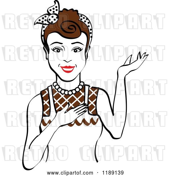 Vector Clip Art of Retro Happy Brunette Housewife, Waitress or Maid Lady Wearing an Apron and Presenting