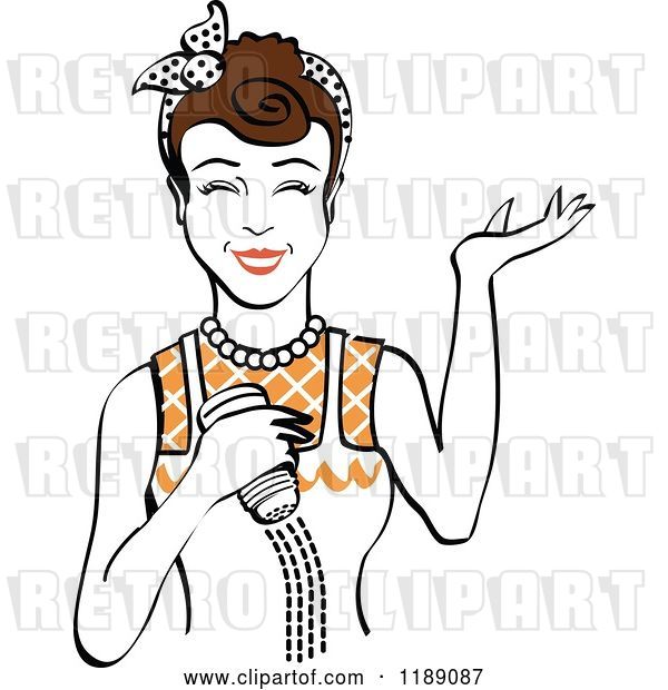 Vector Clip Art of Retro Happy Brunette Lady Shrugging and Using a Salt Shaker 4