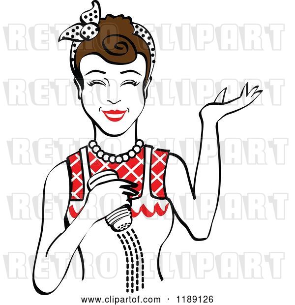 Vector Clip Art of Retro Happy Brunette Lady Shrugging and Using a Salt Shaker 6