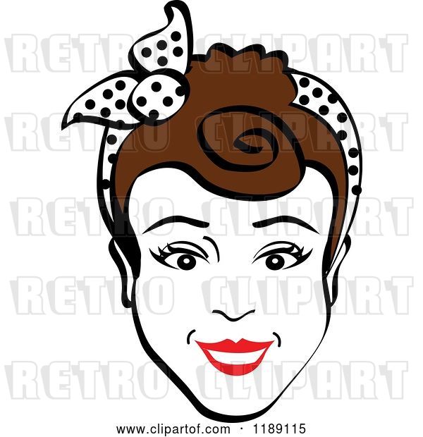 Vector Clip Art of Retro Happy Brunette Lady Smiling and Wearing a Scarf in Her Hair