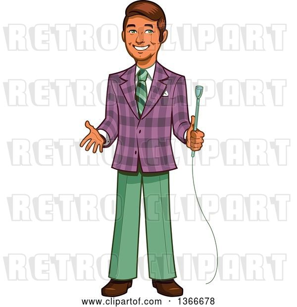Vector Clip Art of Retro Happy Cartoon Male Game Show Host Holding a Microphone and Gesturing