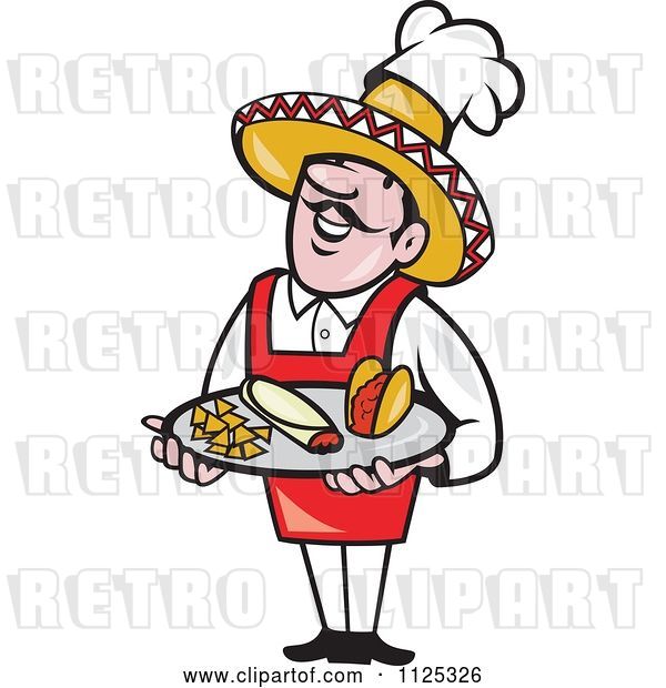 Vector Clip Art of Retro Happy Cartoon Mexican Chef Carrying a Tray with a Taco Burrito and Tortilla Chips