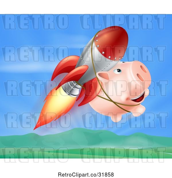 Vector Clip Art of Retro Happy Cartoon Pig Flying with a Rocket over a Valley