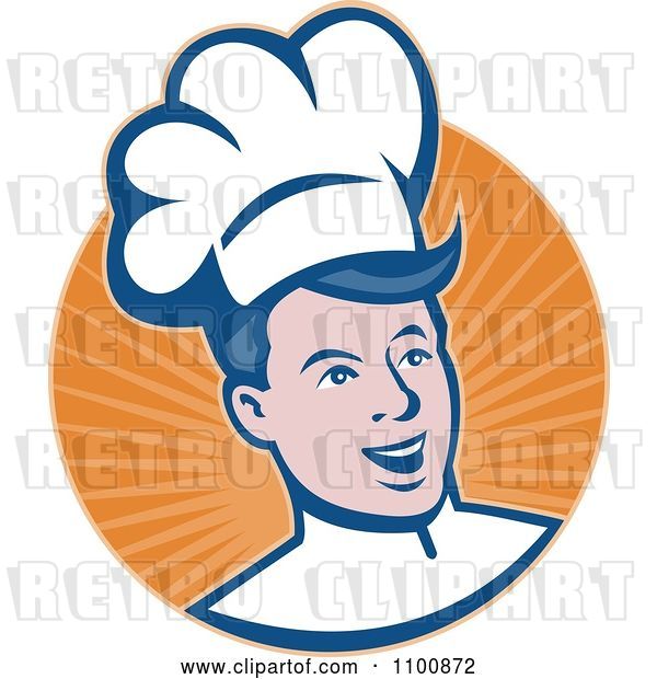 Vector Clip Art of Retro Happy Chef Smiling over a Circle of Orange Rays