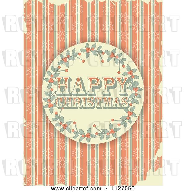 Vector Clip Art of Retro Happy Christmas Holly Circle on Grungy Orange Stripes and Snowflakes