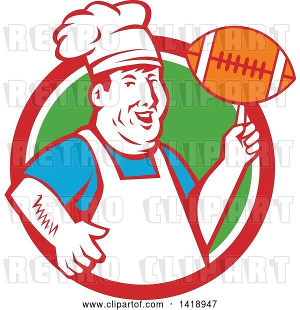 Vector Clip Art of Retro Happy Chubby Male Chef Spinning a Football on His Finger in a Red White and Green Circle
