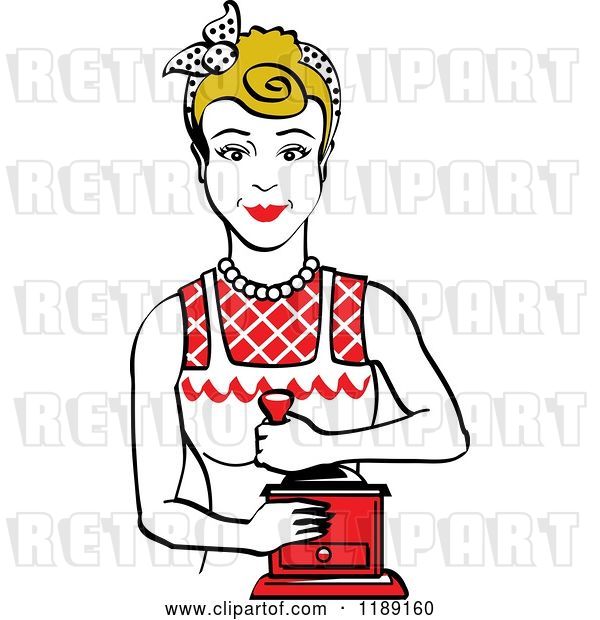 Vector Clip Art of Retro Happy Dirty Blond Housewife Using a Manual Coffee Grinder 2