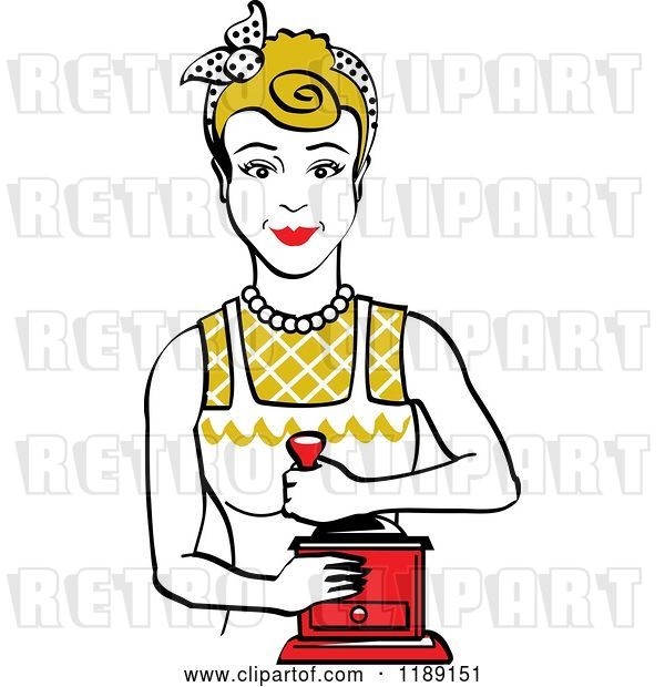 Vector Clip Art of Retro Happy Dirty Blond Housewife Using a Manual Coffee Grinder