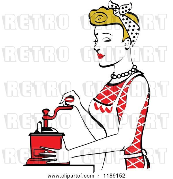 Vector Clip Art of Retro Happy Dirty Blond Housewife Using a Manual Coffee Grinder in Profile