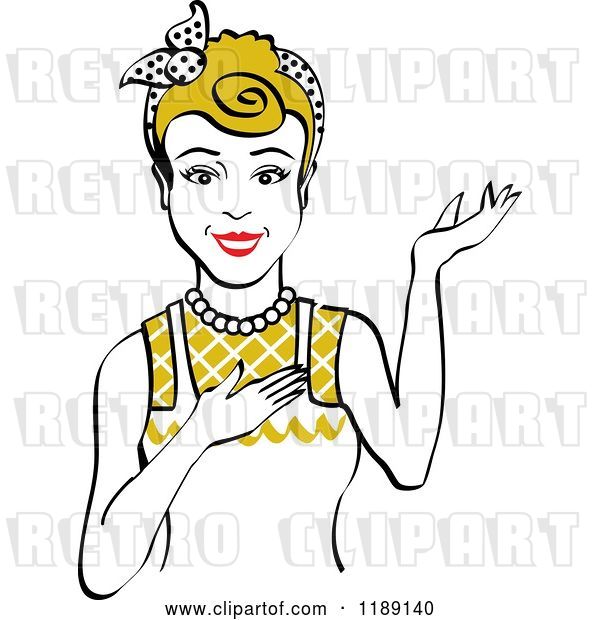 Vector Clip Art of Retro Happy Dirty Blond Housewife, Waitress or Maid Lady Wearing an Apron and Presenting