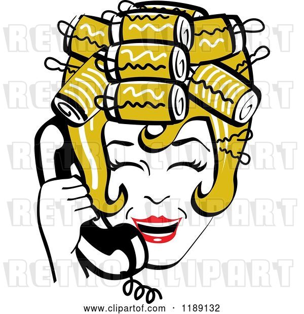 Vector Clip Art of Retro Happy Dirty Blond Housewife with Her Hair up in Curlers, Laughing While Talking on a Landline Telephone