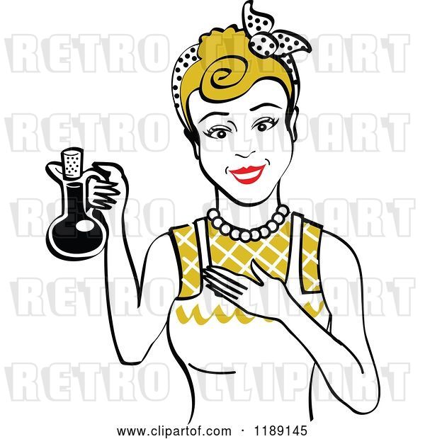 Vector Clip Art of Retro Happy Dirty Blond Lady in an Apron, Holding up a Bottle of Cooking Oil