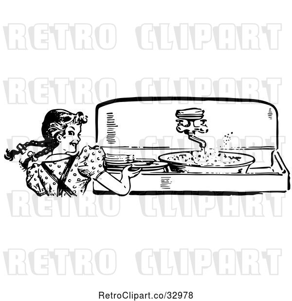 Vector Clip Art of Retro Happy Girl Looking Back While Washing Dishes in a Sink