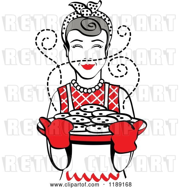 Vector Clip Art of Retro Happy Gray Haired Housewife Holding Freshly Baked Cookies 2