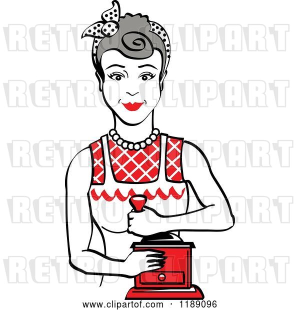 Vector Clip Art of Retro Happy Gray Haired Housewife Using a Manual Coffee Grinder 2