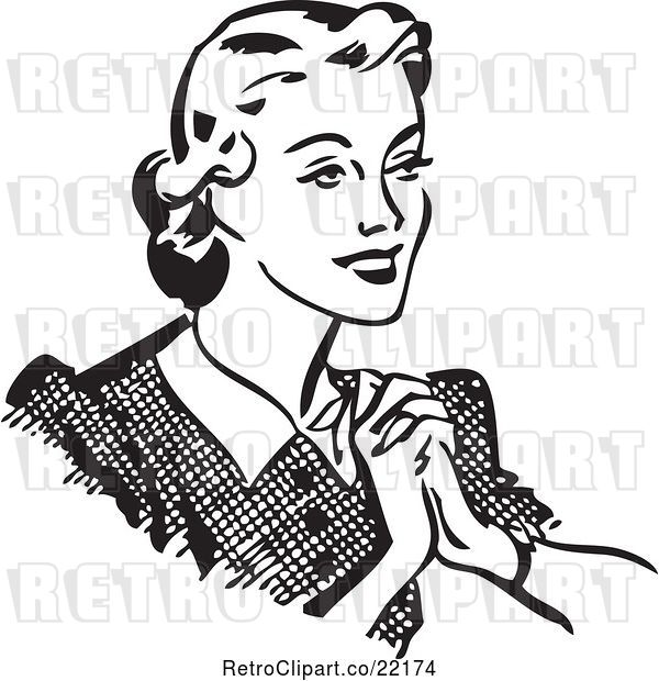 Vector Clip Art of Retro Happy Lady Holding Her Hands to Her Chest
