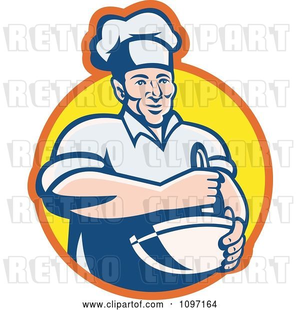 Vector Clip Art of Retro Happy Male Chef Using a Mixing Bowl over a Yellow Circle