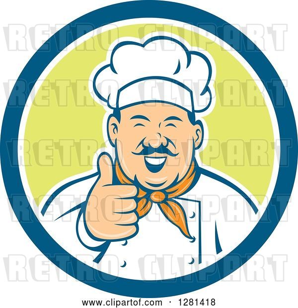 Vector Clip Art of Retro Happy Male Chef with a Mustache, Holding a Thumb up in a Blue White and Green Circle