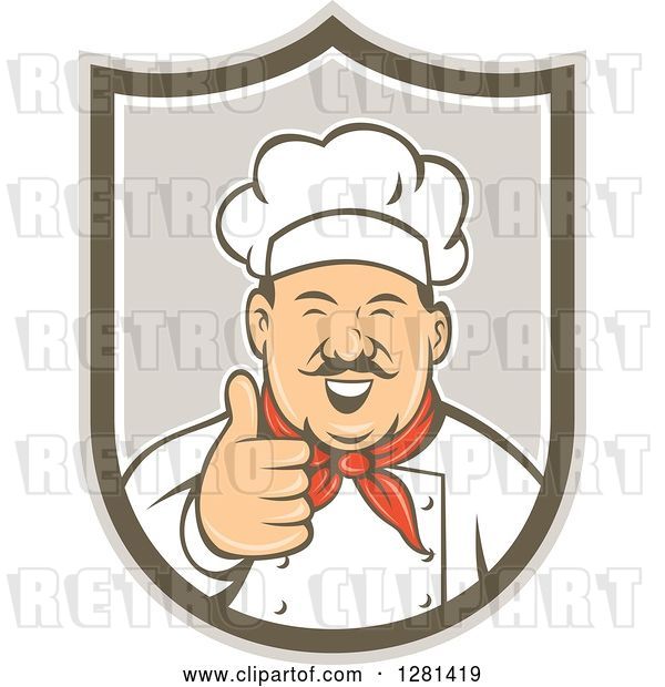Vector Clip Art of Retro Happy Male Chef with a Mustache, Holding a Thumb up in a Taupe and Brown Shield