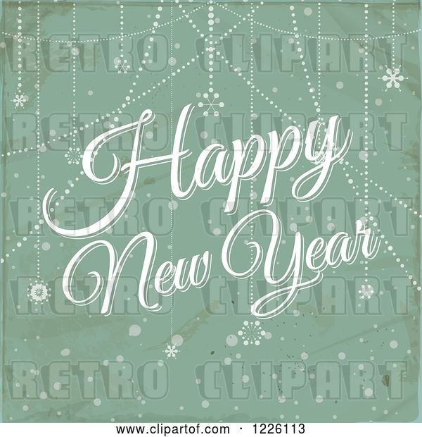 Vector Clip Art of Retro Happy New Year Greeting over Distressed Green and Snowflakes