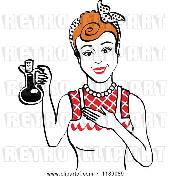 Vector Clip Art of Retro Happy Redhead Lady in an Apron, Holding up a Bottle of Cooking Oil 2