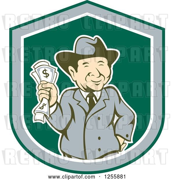 Vector Clip Art of Retro Happy Rich Guy Holding Cash Money in a Shield