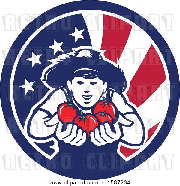 Vector Clip Art of Retro Happy Tomato Farmer Holding Tomatoes in an American Flag Circle
