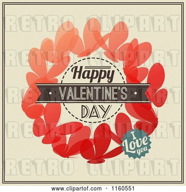 Vector Clip Art of Retro Happy Valentines Day I Love You Text over Butterflies