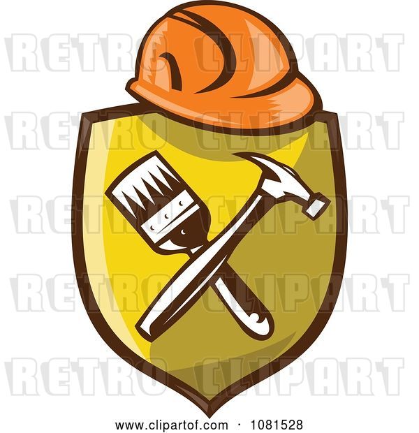 Vector Clip Art of Retro Hardhat over a Shield with a Paintbrush and Hammer