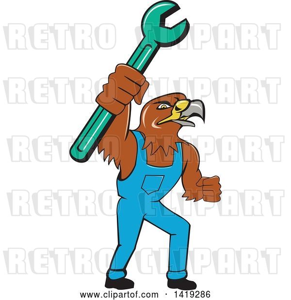 Vector Clip Art of Retro Hawk Mechanic Guy Wearing Overalls and Holding up a Spanner Wrench