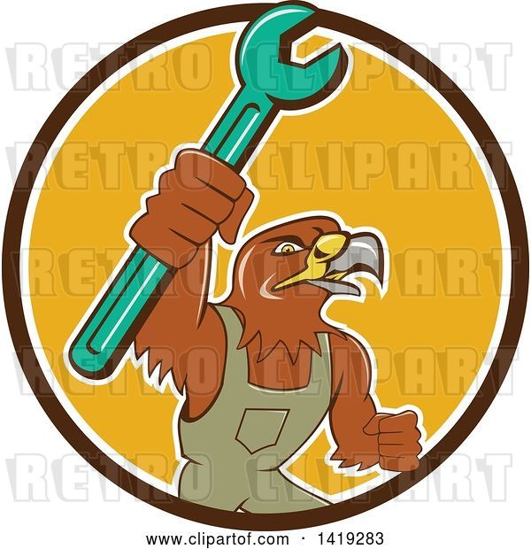 Vector Clip Art of Retro Hawk Mechanic Guy Wearing Overalls and Holding up a Spanner Wrench in a Brown White and Yellow Circle