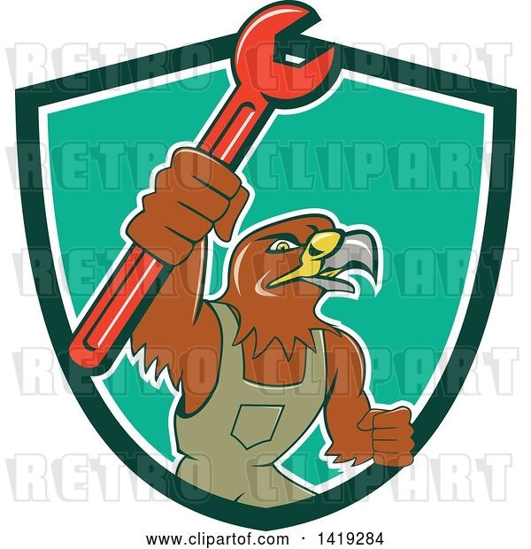 Vector Clip Art of Retro Hawk Mechanic Guy Wearing Overalls and Holding up a Spanner Wrench in a Green White and Turquoise Shield