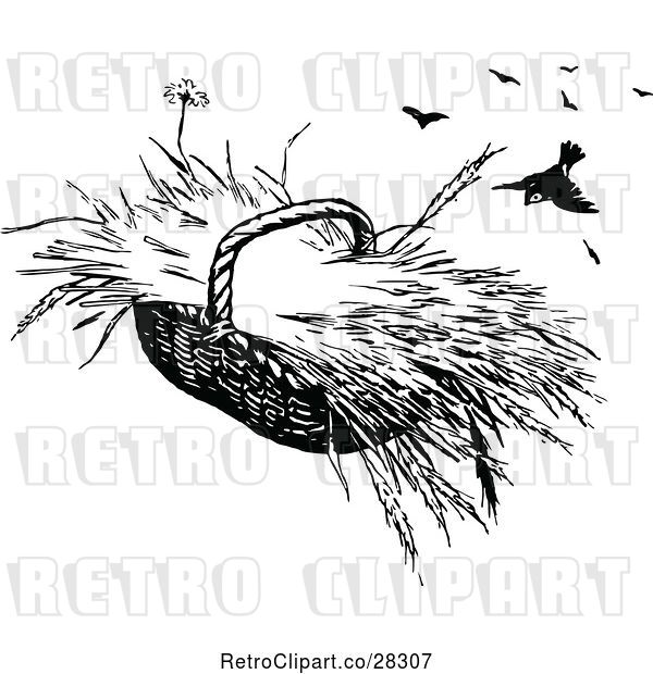 Vector Clip Art of Retro Hay Basket and Birds