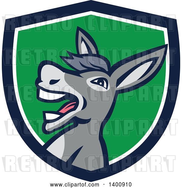 Vector Clip Art of Retro Hee Hawing Braying Donkey in a Blue White and Green Shield