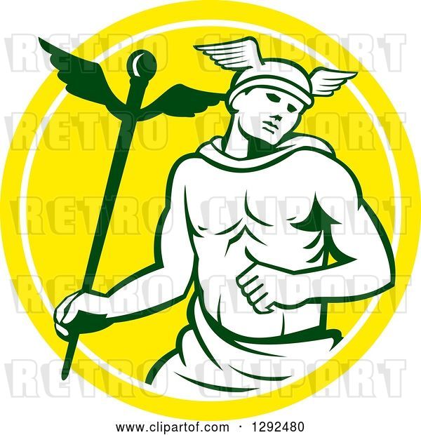 Vector Clip Art of Retro Hermes with a Caduceus in a Yellow and White Circle