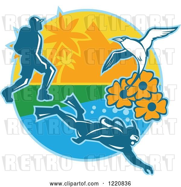 Vector Clip Art of Retro Hiker Scuba Diver and Red Billed Tropicbird with Black Eyed Susan Flowers on an Island