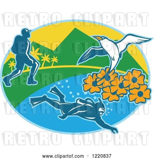 Vector Clip Art of Retro Hiker Scuba Diver and Red Billed Tropicbird with Black Eyed Susan Flowers on an Island in an Oval