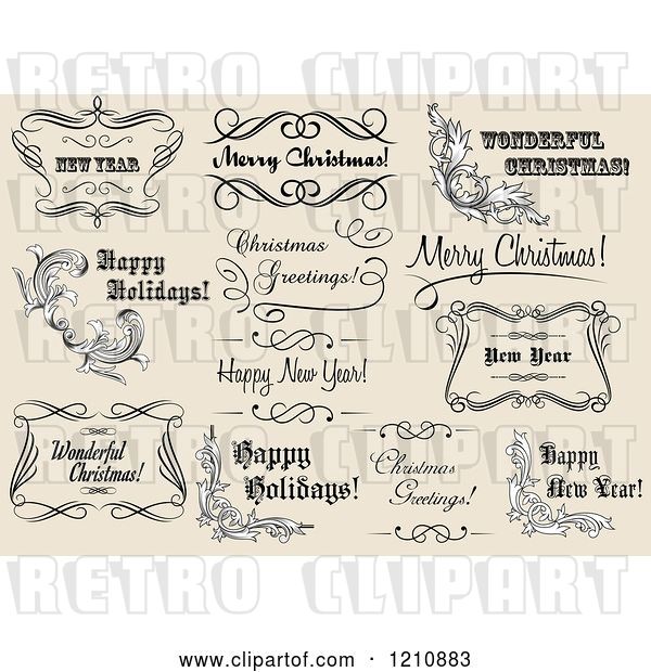 Vector Clip Art of Retro Holiday Greetings and Frames on Tan