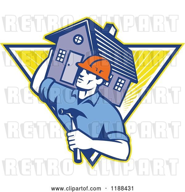Vector Clip Art of Retro Home Builder with a Hammer, Carrying a House over a Triangle of Rays
