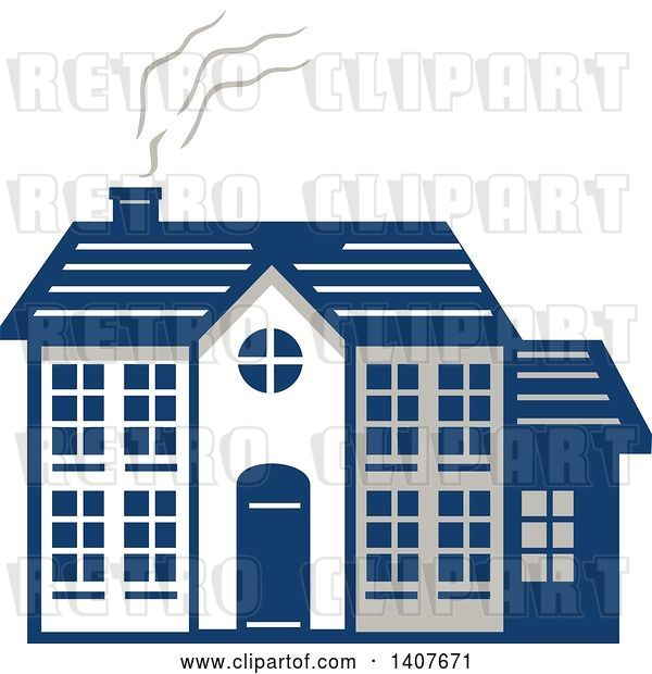 Vector Clip Art of Retro Home Facade with Smoke Rising from the Chimney