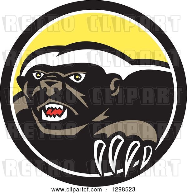 Vector Clip Art of Retro Honey Badger in a Black White and Yellow Circle