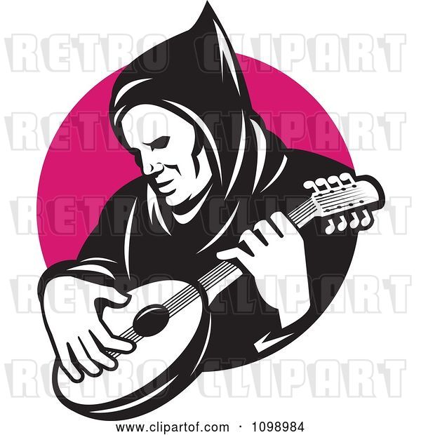 Vector Clip Art of Retro Hooded Guy Playing a Banjo over a Pink Circle
