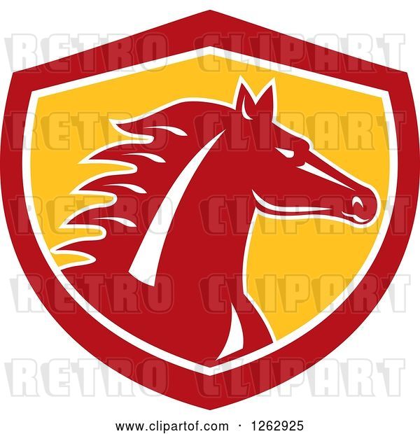 Vector Clip Art of Retro Horse Head in a Red White and Yellow Shield
