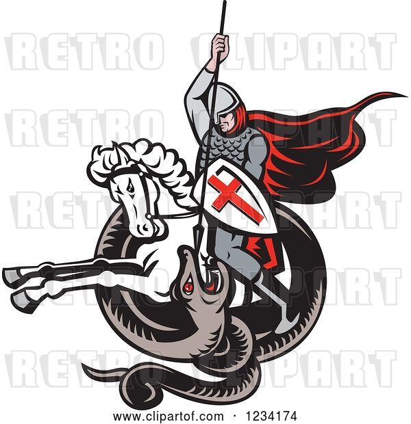Vector Clip Art of Retro Horseback English Knight Spearing a Snake