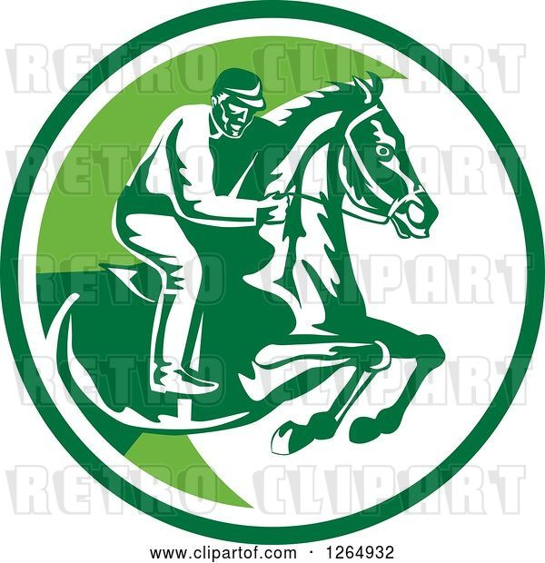Vector Clip Art of Retro Horseback Jockey in a Green and White Circle