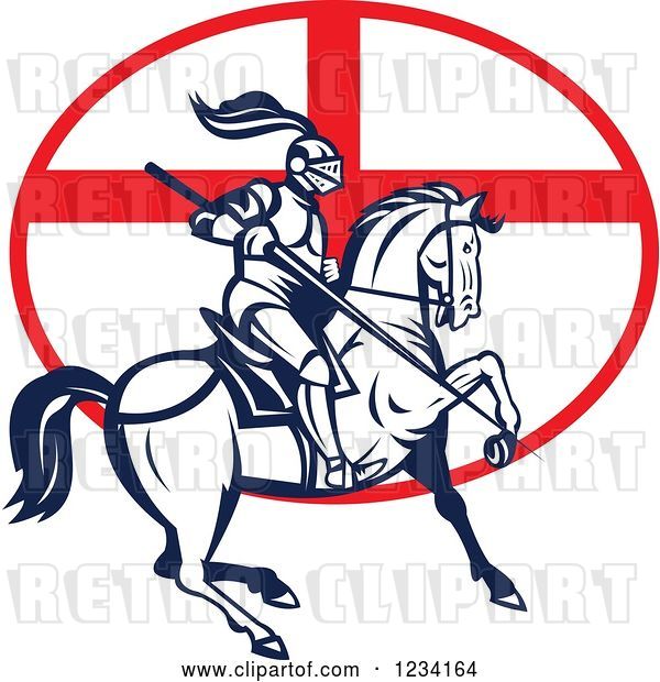 Vector Clip Art of Retro Horseback Jousting Knight over an English Flag Oval